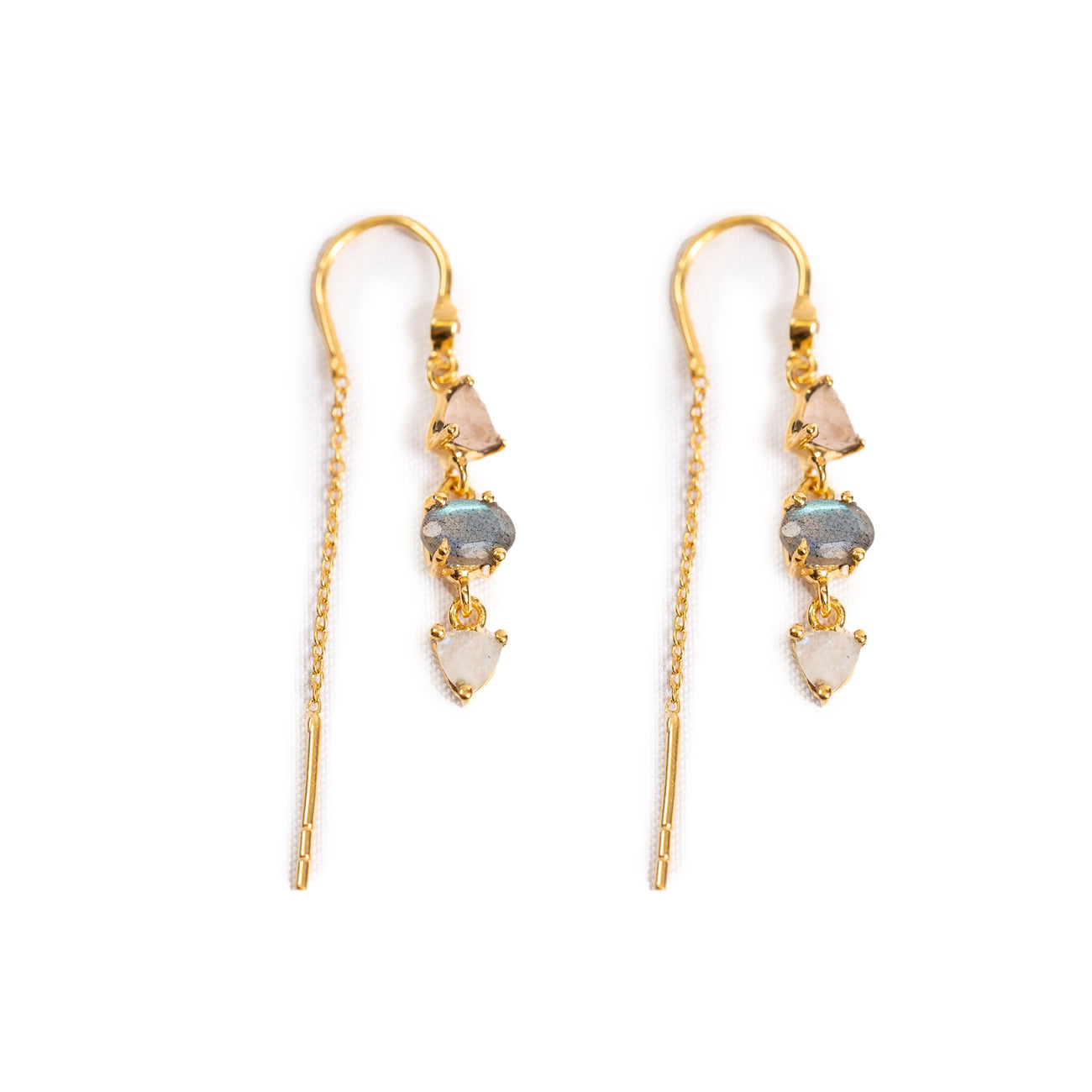 Rose Quartz, Labradorite & Rainbow Moonstone Gold Plated Drop Earrings w Chain