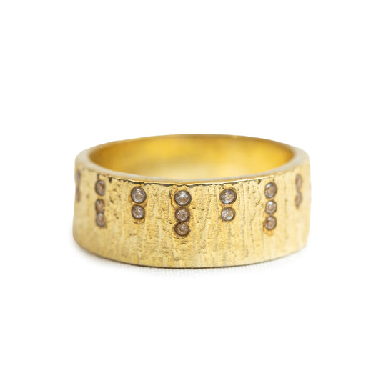 Gold Plated Wooden Textured Band w Stone Accents- 8