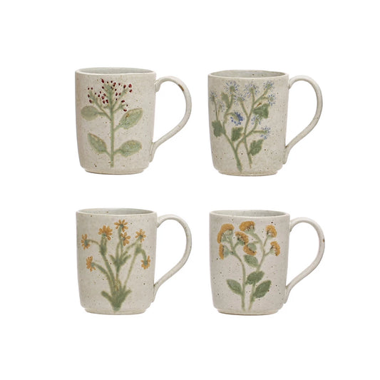 12 oz. Hand-Painted Stoneware Mug w/ Botanicals, 4 Styles