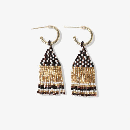 Leta Mini Gold Hoop Solid With Black/White Bottom Beaded Fringe Earrings