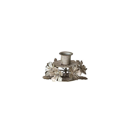 Metal Leaves & Flowers Taper Holder, Antique Silver Finish