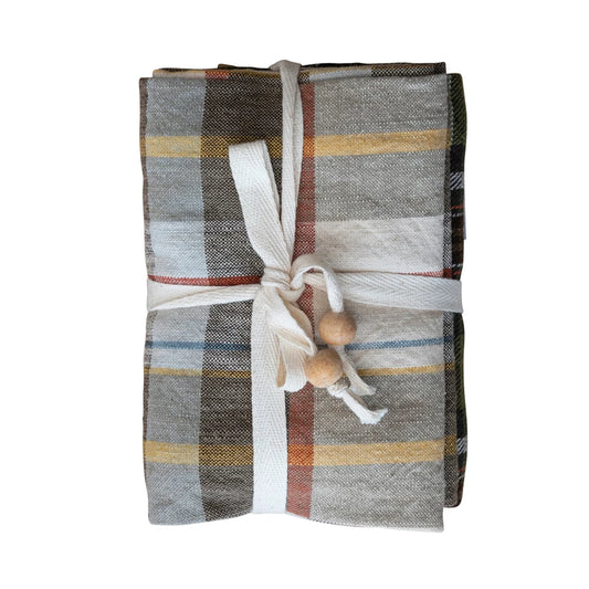 Cotton Printed Tea Towels W/ Tie & Wood Beads
