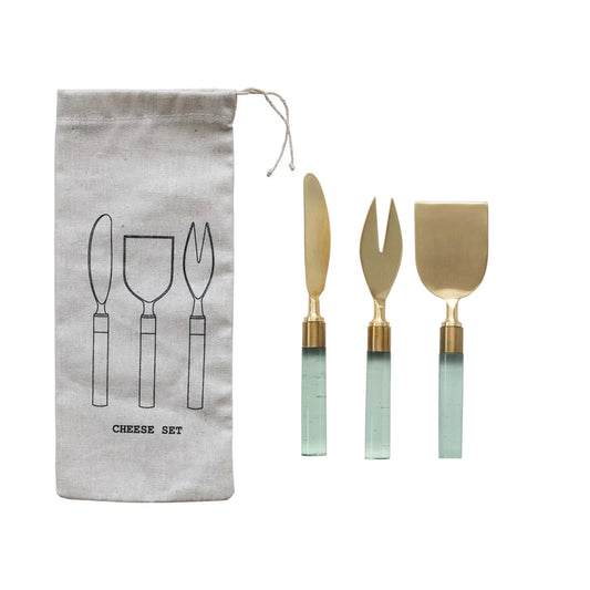 Stainless Steel Cheese Utensils w/ Resin Handles, Set of 3 in Printed Drawstring Bag