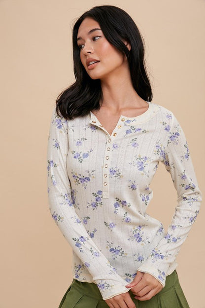 Floral Henley Snap Long Sleeve Top