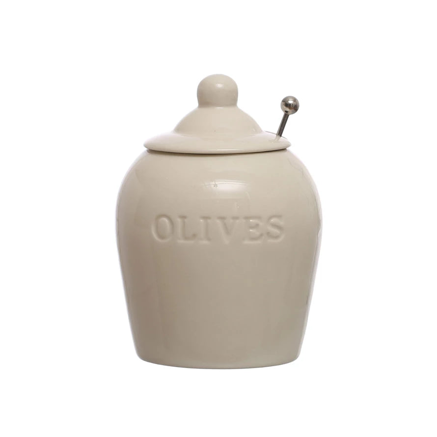 Debossed Stoneware “Olive” Jar W/ Stainless Steel Slotted Spoon