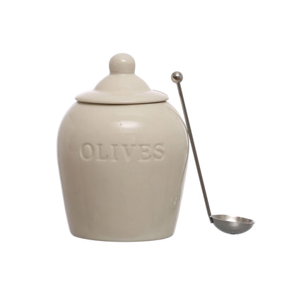 Debossed Stoneware “Olive” Jar W/ Stainless Steel Slotted Spoon