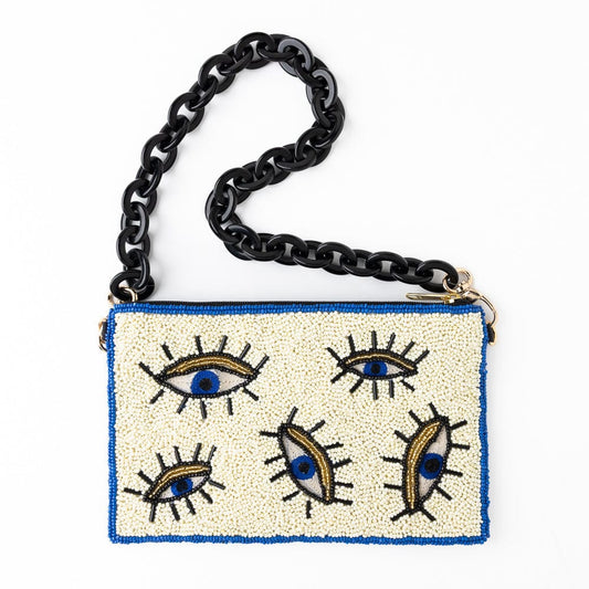 Elenor Evil Eye Seed Bead Clutch With Strap