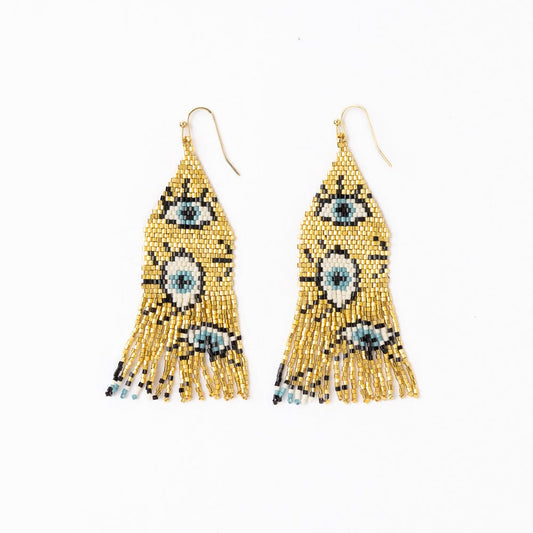 Delilah Evil Eye Beaded Fringe Earrings Gold