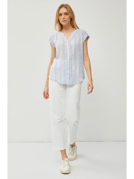 Striped Mandarin Collar Short Sleeve Linen Shirt