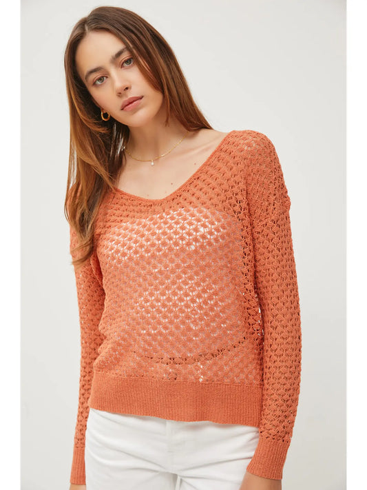 V-Neck Drop Shoulder Long Sleeve Crochet Sweater