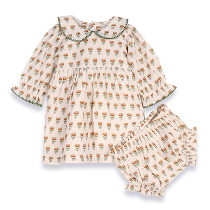 Ina Block Print Floral Baby Dress & Bloomer Set (Linen)