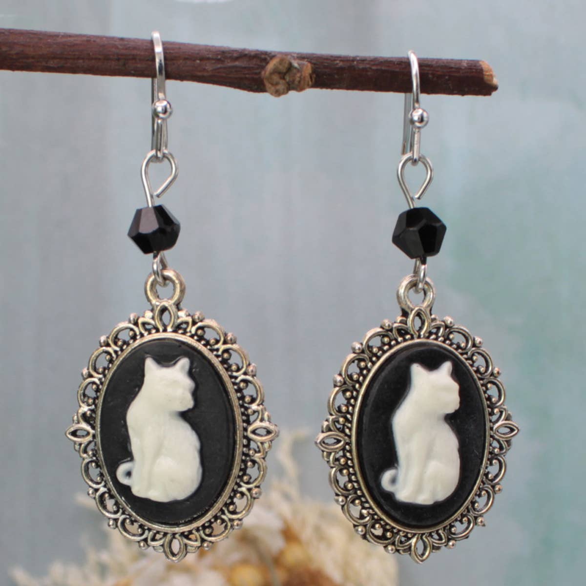 Silver Black Cameo White Cat Earrings