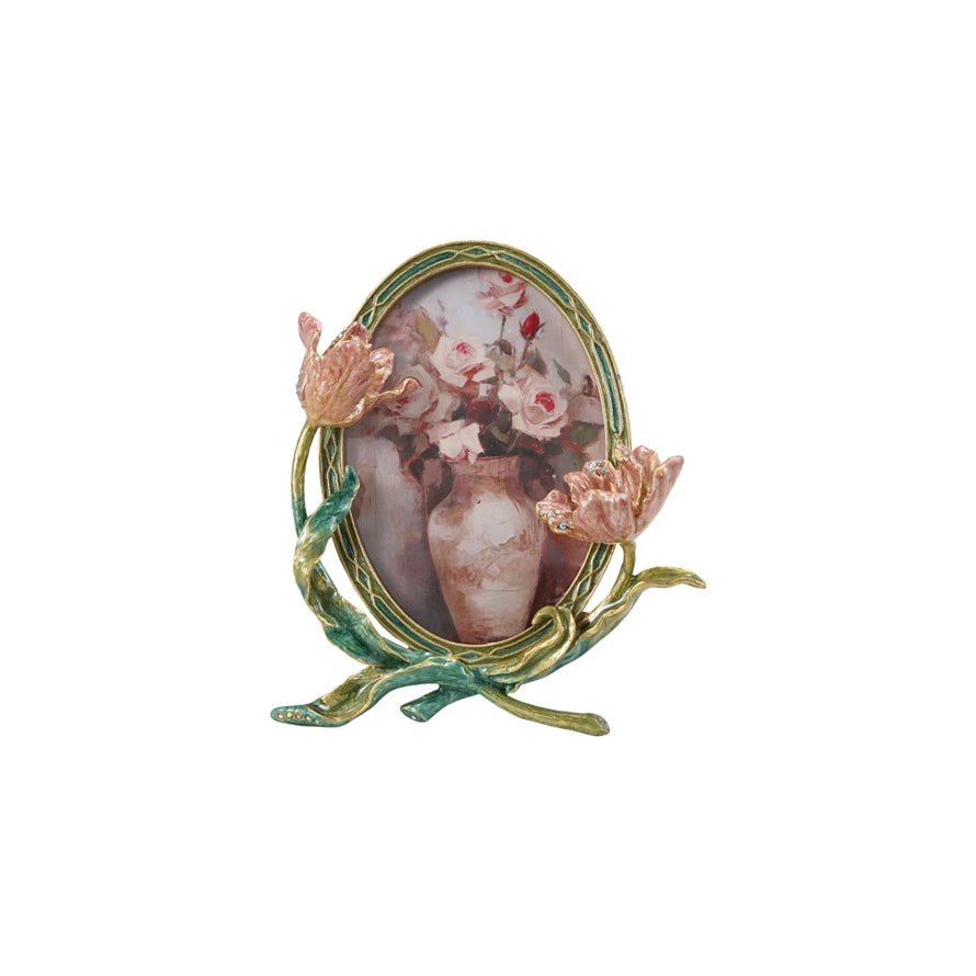 Enameled Metal Photo Frame w/ 3D Flowers & Jewels