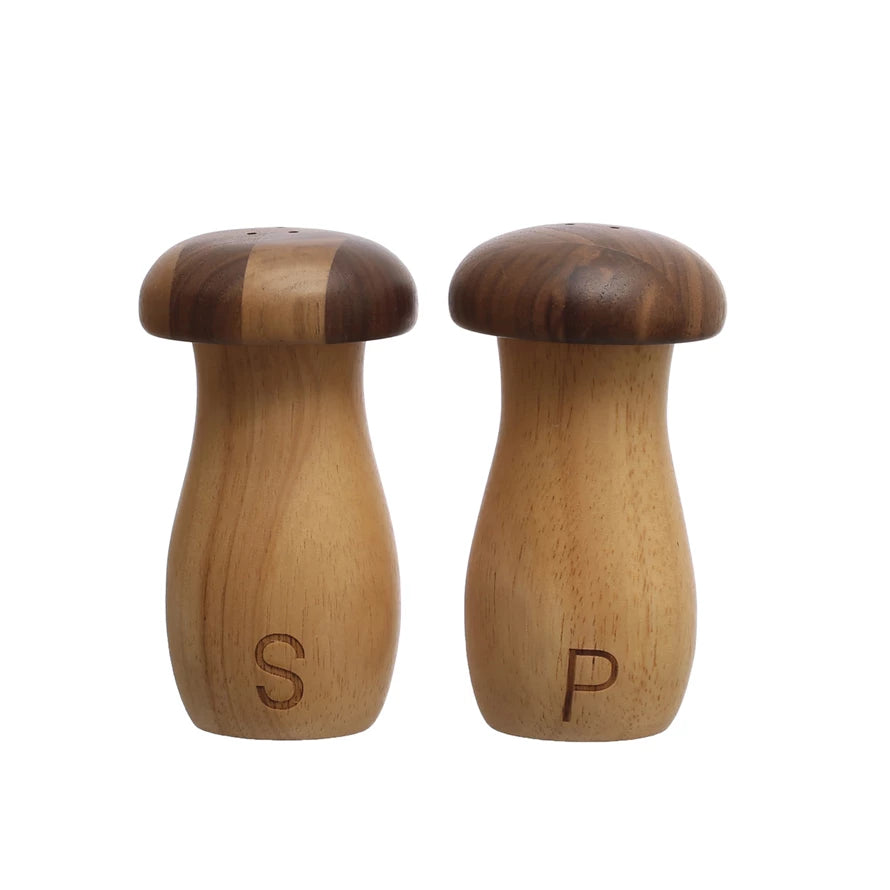 Rubberwood & Walnut Mushroom Shaped Salt & Pepper Shakers, Natural, Set of 2