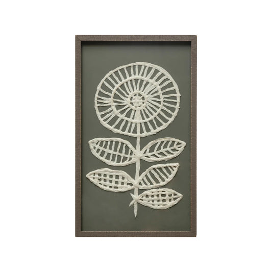 Wood Framed Glass Wall Décor w/ Handmade Textured Paper Flower, Grey & White