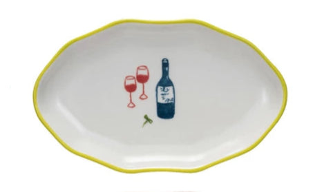 Stoneware Dish w/ Colored Rim & Bistro Image, 4 Styles