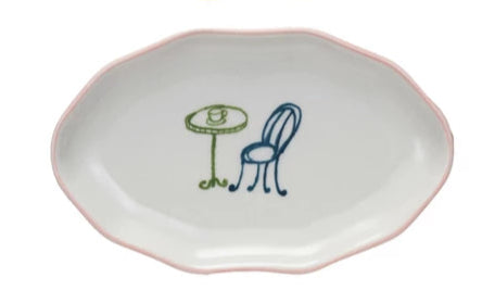 Stoneware Dish w/ Colored Rim & Bistro Image, 4 Styles