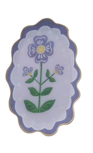 Metal Scalloped Tray with Flower & Gold Edge