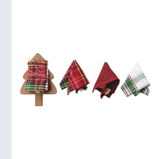 Woven Dish Cloths & Tree Shaped Board, Set of 4 Tied with Jute