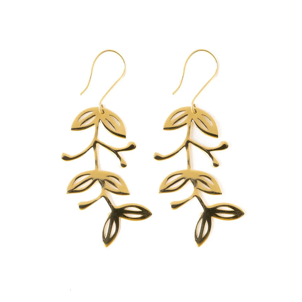 Vera Abstract Leaves Botanical Threader Earrings Brass