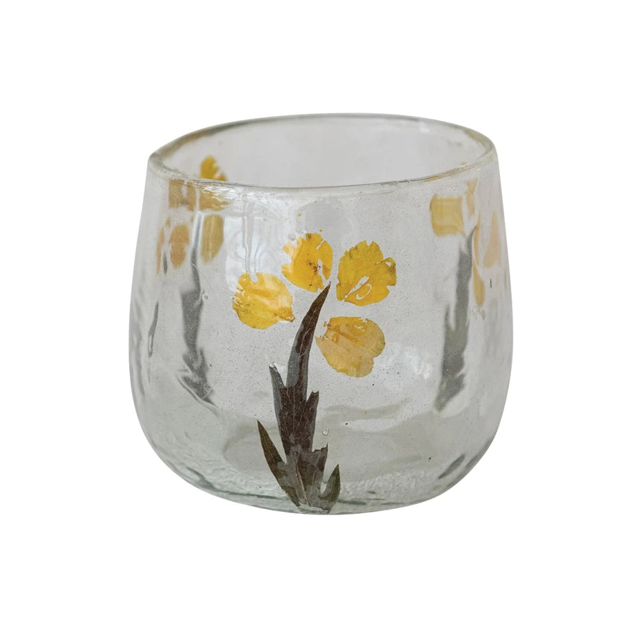 Glass Tealight/Votive Holder with Embedded Natural Silk Oak Leaves
