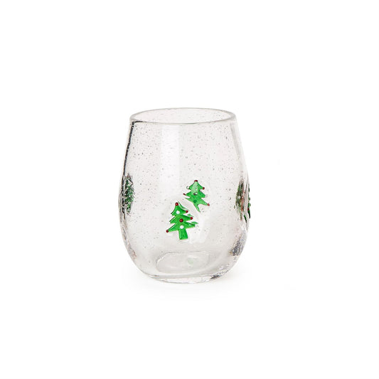 Holiday Cheer Clear Stemless Wine Glass with Bubbles and Tree Icon