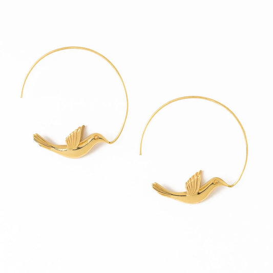 Wren Bird Hoop Earrings Brass