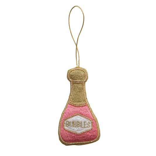 Fabric Champagne Bottle Ornament w/ Embroidery & Beads "Bubbles", Multi Color