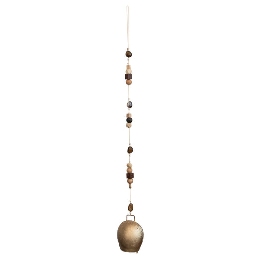 Hanging Metal Bell W/ Agate Stones & Wood Beads