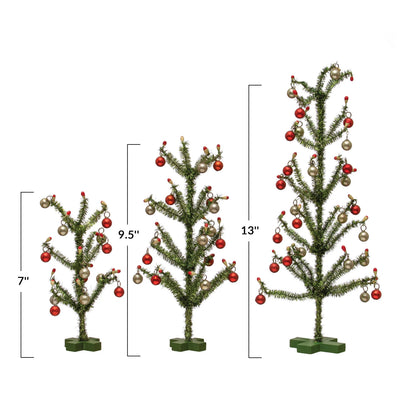 Tinsel Trees W/ Red & Silver Finish Ornaments