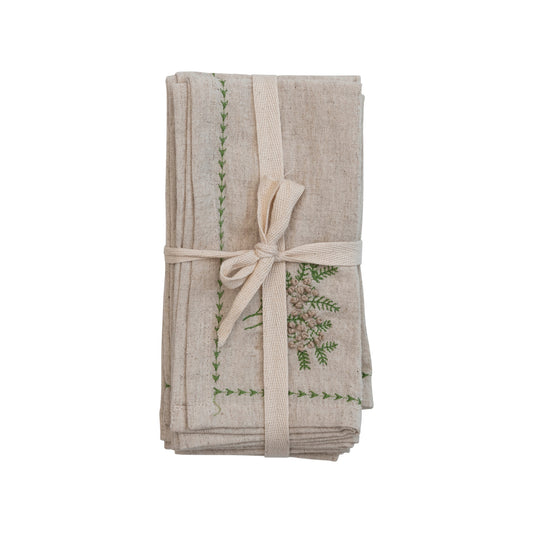 Cotton & Linen Napkins W/ Botanical Embroidery