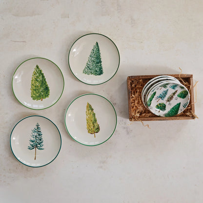 Round Hand-Painted Stoneware Plates W/ Evergreens