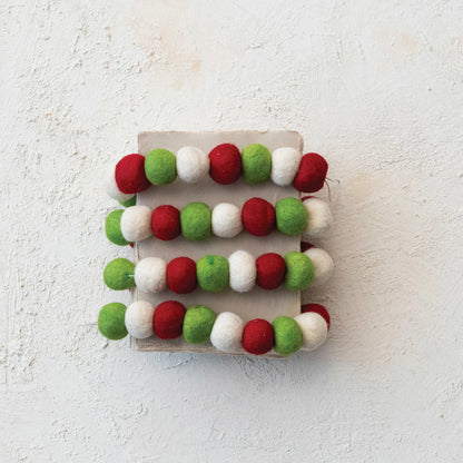 Handmade Wool Felt Ball Garland, Red, Green & Cream