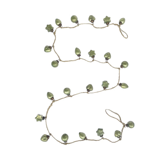 Embossed Recycled Mercury Glass Ornament Garland w/ Jute Cord, Olive Green