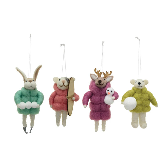 Handmade Wool Felt Animal in Winter Coat Ornament, 4 Styles