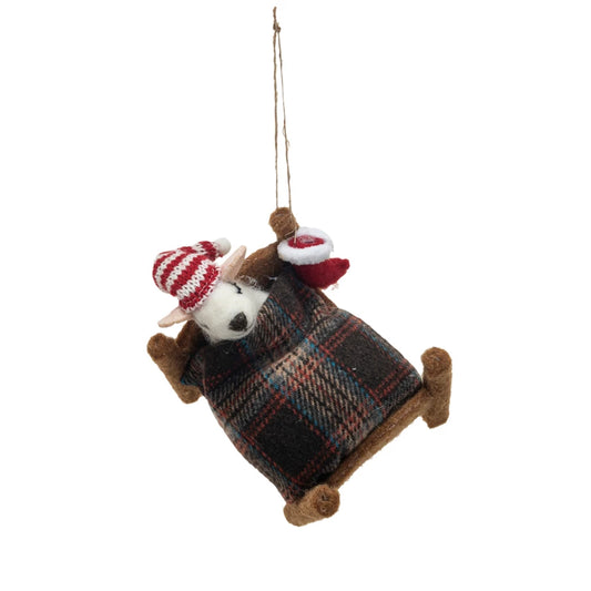 Handmade Wool Felt Mouse in Bed Ornament w/ Hat & Stocking, Multi Color