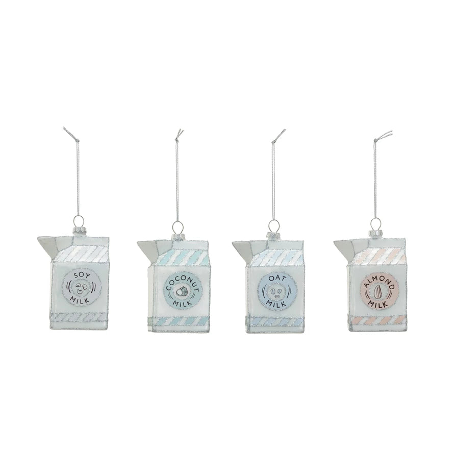 Glass Non-Dairy Milk Carton Ornament w/ Glitter, 4 Styles