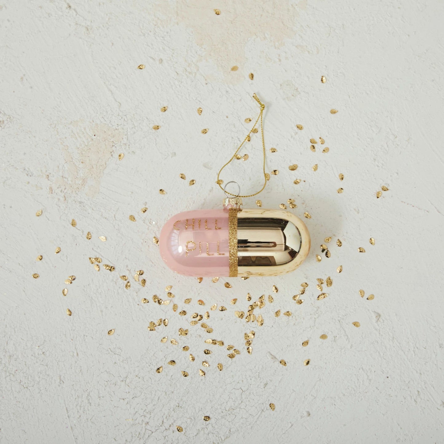 Glass "Chill Pill" Ornament w/ Glitter, Pink & Gold Finish