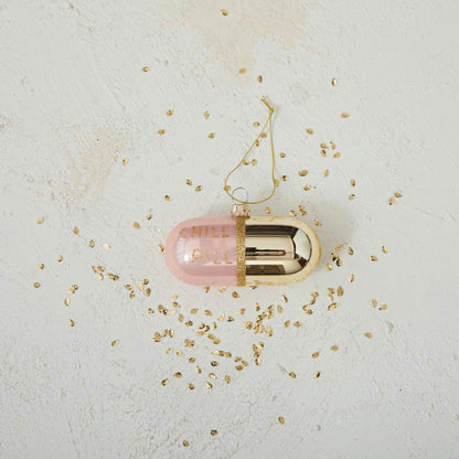 Glass "Chill Pill" Ornament w/ Glitter, Pink & Gold Finish