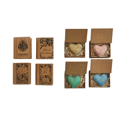 Handmade Wool Felt Heart Ornament in Kraft Printed Book Shaped Box, 4 Styles