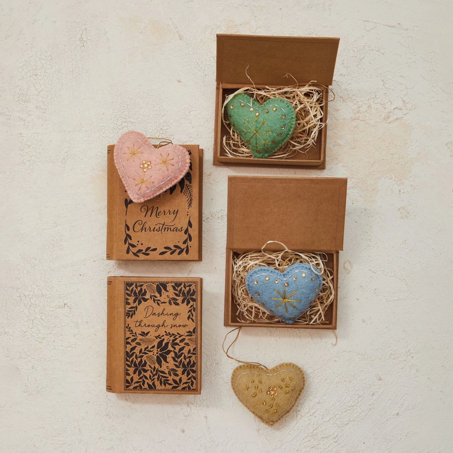 Handmade Wool Felt Heart Ornament in Kraft Printed Book Shaped Box, 4 Styles